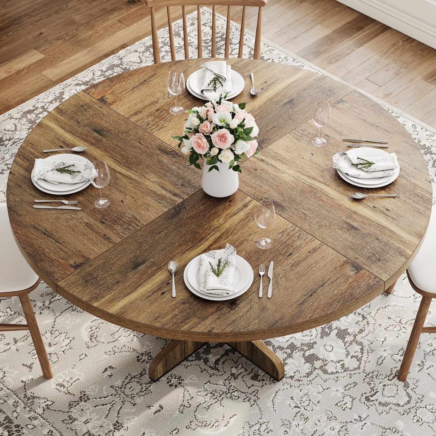 47.2 Inch Round Dining Table for 4-6 People, Engineered Wood Tabletop with Sturdy Wooden Base, Adjustable Feet for Stability