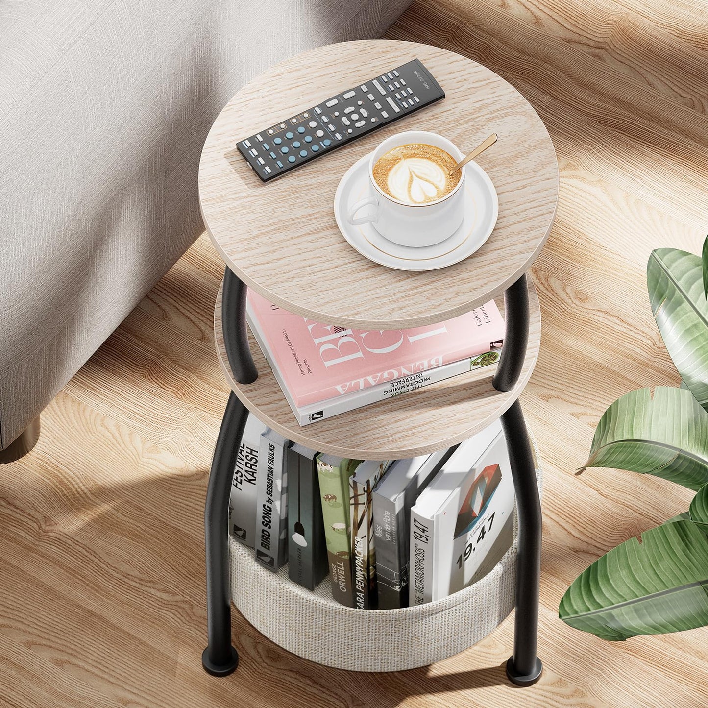 Yuede Round Side Table, 3 Tier Bedside Table, Small End Table with Fabric Basket, Coffee Table for Living Room, Bed Room, Small Space, Easy Assembly