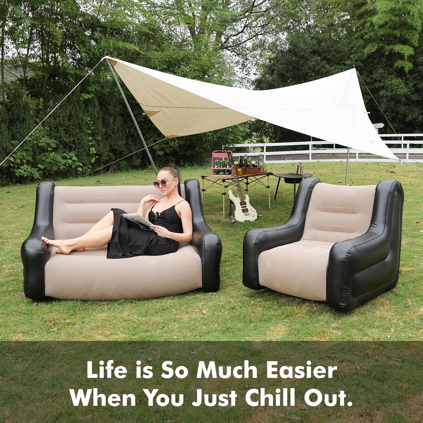LONEEDY Inflatable Two-Tone Chair Sofa with Armrests Blow up Seat Game Room Lounger, Outdoor Camping Garden Couches Soft Plush Fabric for Adults Kids