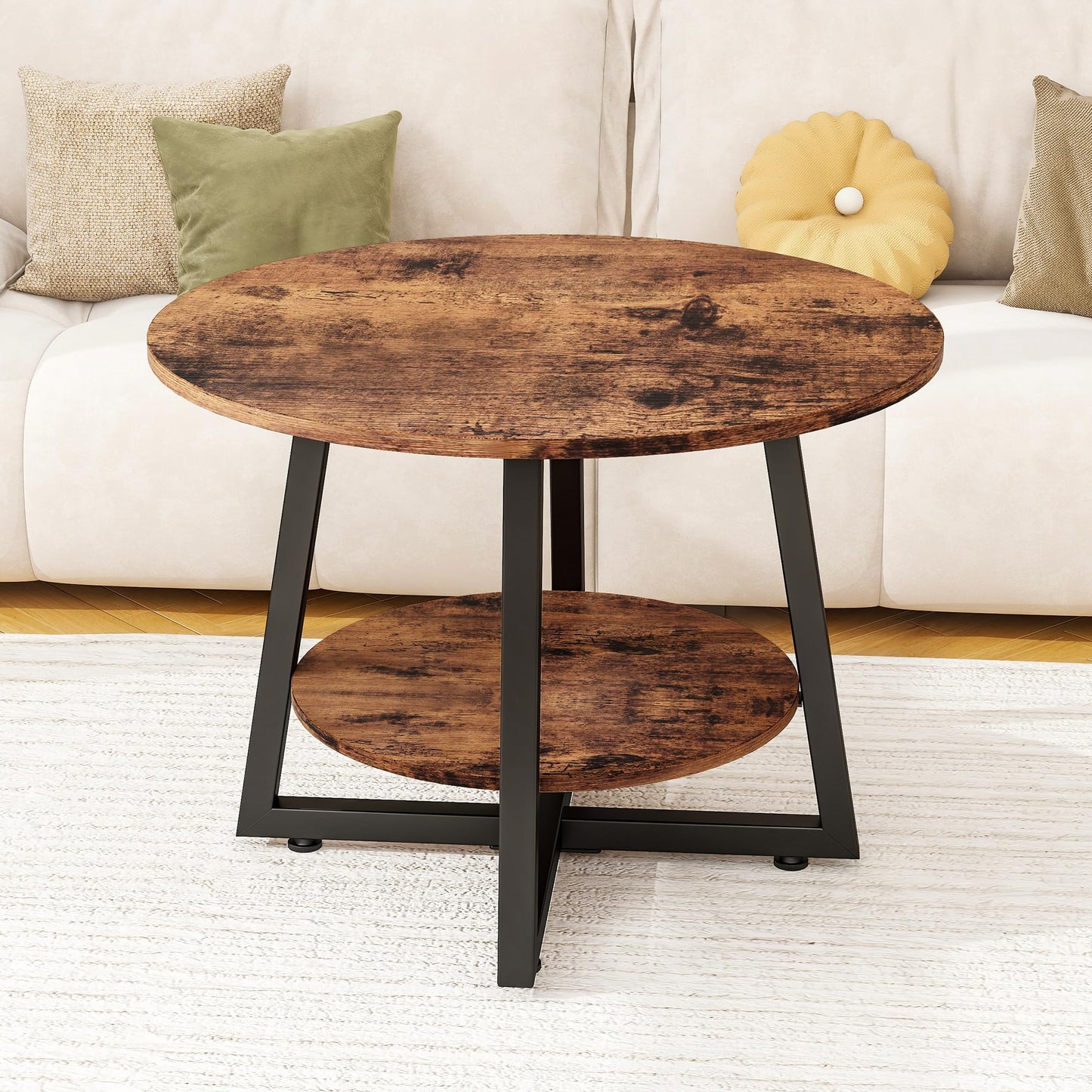 FOUBAM Round Coffee Table with Storage,Metal Small Coffee Table,Brown