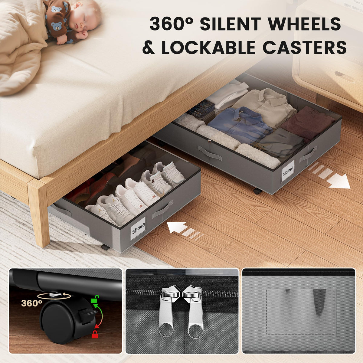 XXXL 78L Under Bed Storage on Wheels, 2-Pack Rolling Storage Containers with Clear Lid & Label, Heavy-Duty Metal Frame, Easy Pull-out