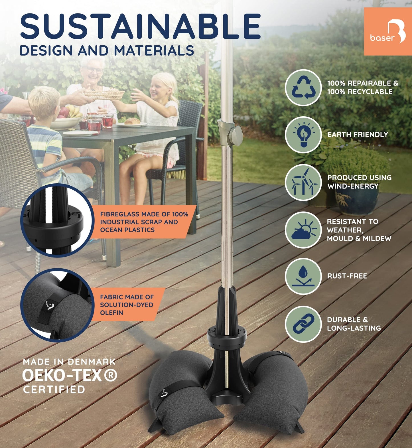 Baser Parasol Base with fillable Sandbag weights 40 KG, up to 3.3 M Parasol, Made of Recycled Materials in Denmark