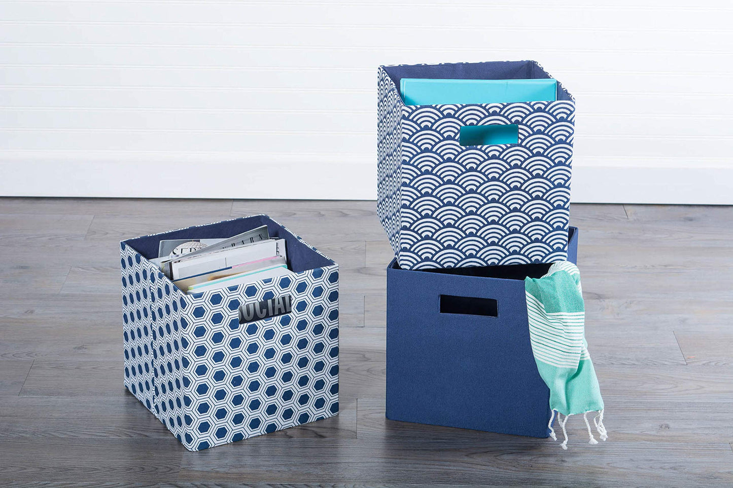 DII Hard Sided Collapsible Fabric Storage Container for Nursery, Offices, & Home Organization, (13x13x13) - Honeycomb Nautical Blue