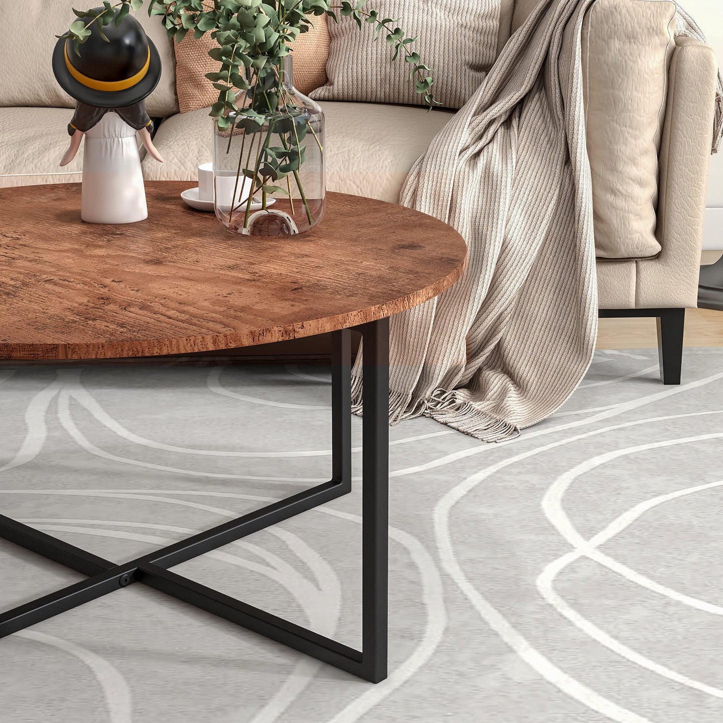 HOJINLINERO Round Coffee Table,Coffee Tables for Living Room,Tea Table End Table Sofa Table,Industrial Cocktail Table,Wooden Coffee Table,Durable