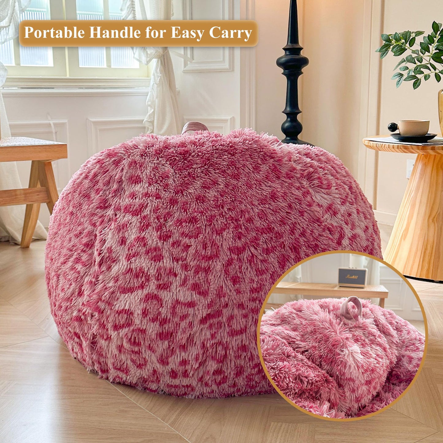 XeGe Faux Fur Leopard Print Bean Bag Chair Cover(No Filler), Cheetah Pink