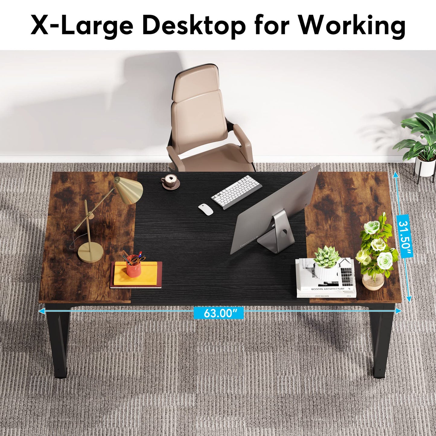 LITTLE TREE 63 Inch Large Executive Office Desk, Simple Computer Workstation with 31.5 inch Extra Wide Desktop for Home Office