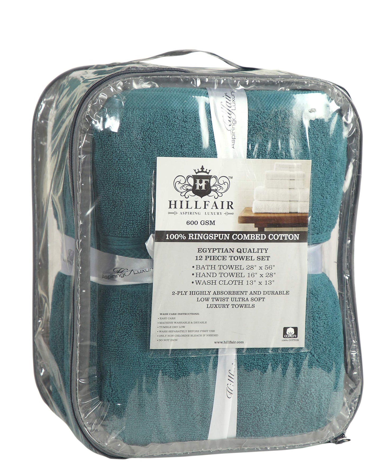 Hillfair 12-Piece 600 GSM Cotton Bath Towel Set - Hotel Spa Towels: 2 Bath, 4 Hand, 6 Washcloths - Absorbent, Super Soft - Teal