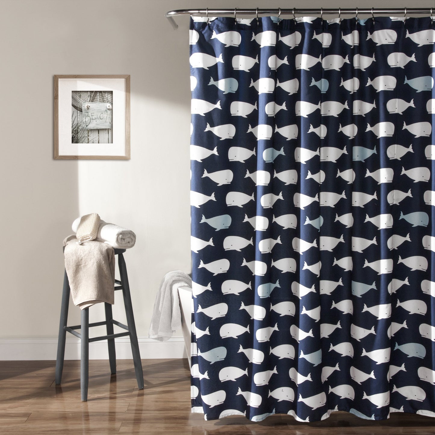 Lush Decor Whale Shower Curtain - Fabric Ocean Fish Animal Print Design for Kids, 72" x 72", Navy