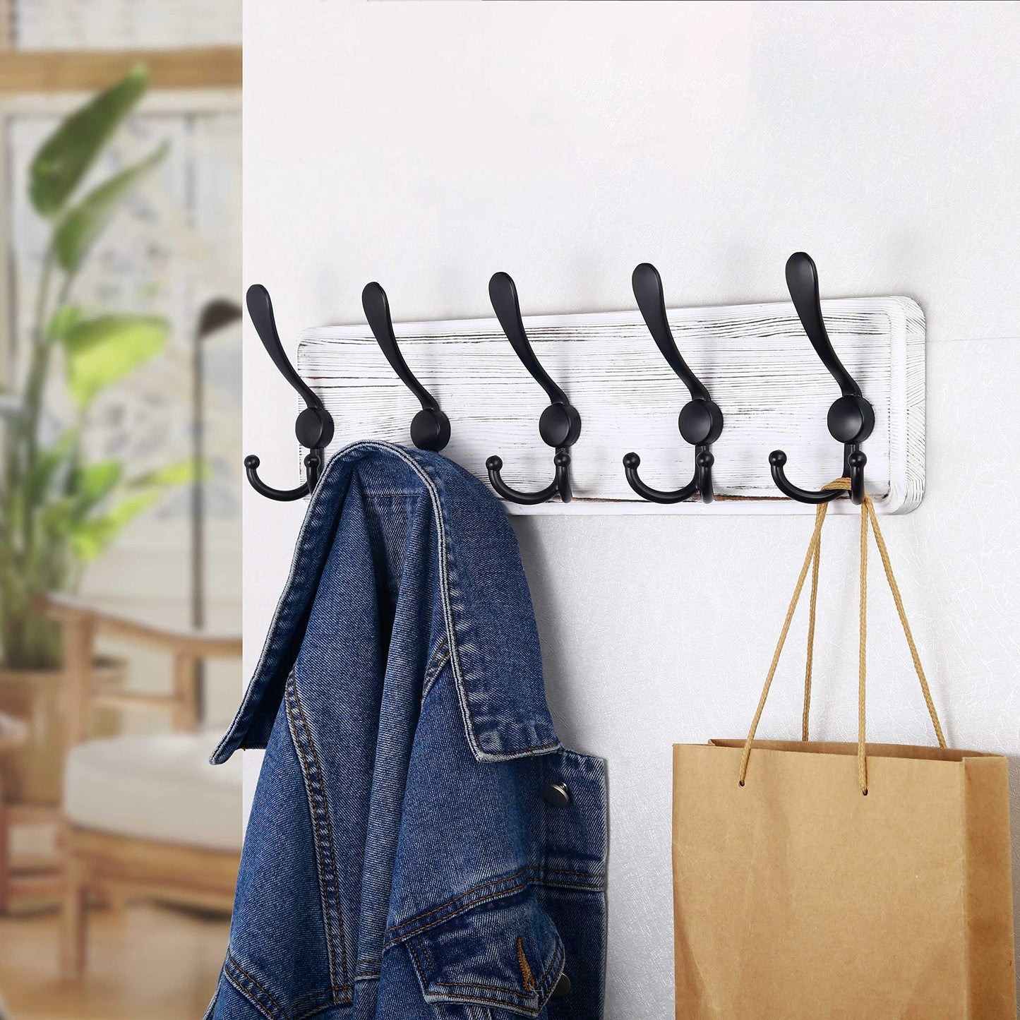 SKOLOO Coat Rack Wall Mounted - Pack of 2, Wooden, Heavy Duty, Rustic Coat Hooks for Wall, Wall Coat Rack with 5 Triple Hooks for Hanging Clothes