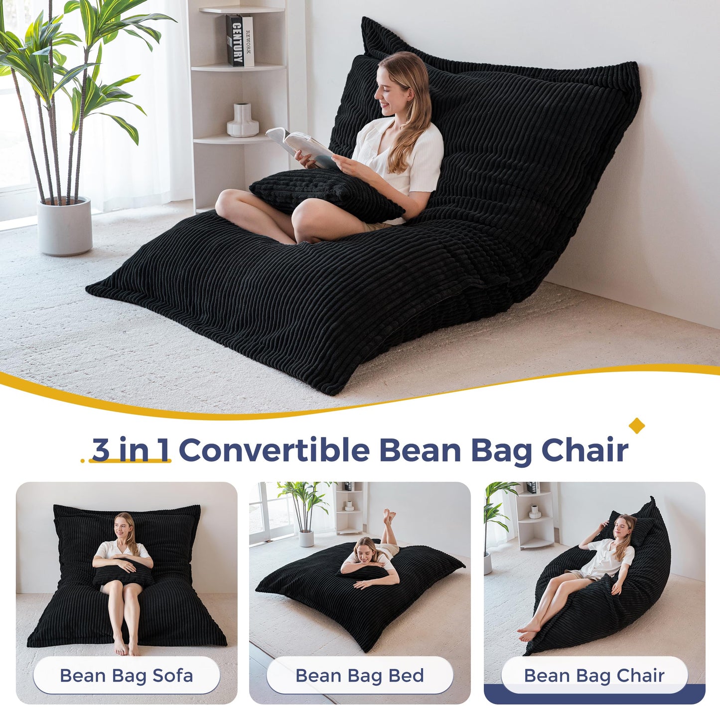 MAXYOYO Giant Bean Bag with Pillow, Soft Corduroy Removable Cover, Large Floor Cushion with Fluffy Foam Filling, BeanBag Chair for Adults & Kids