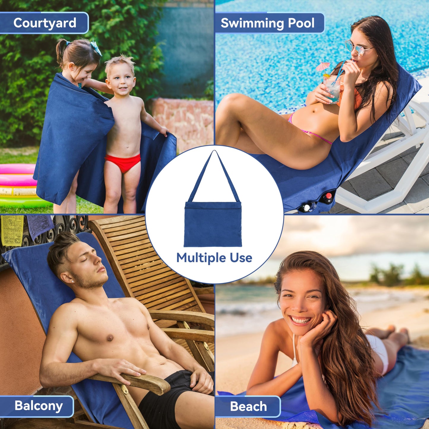Kato Tirrinia Sandproof Beach Chair Towel Cover with Side Pockets, 198×79cm Extra Large Microfiber Beach Towel
