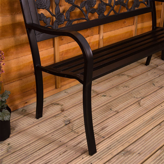 Garden Vida Steel Garden Bench, Rose Design 3 Seater Outdoor Furniture Seating Park Patio Seat , Black