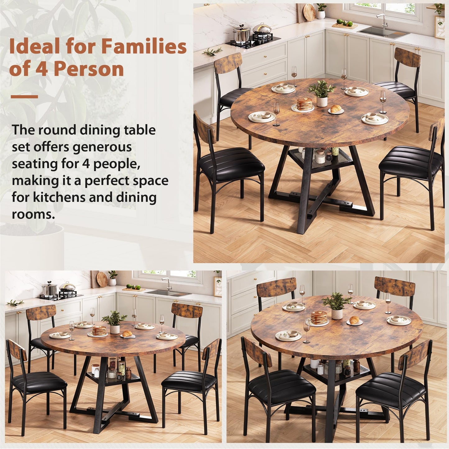 Jocoevol Round Dining Table and 4 Chairs Set of 4-6, Circle Dinner Table with Shelves, Space Saving Wood Kitchen & Dining Room Furniture