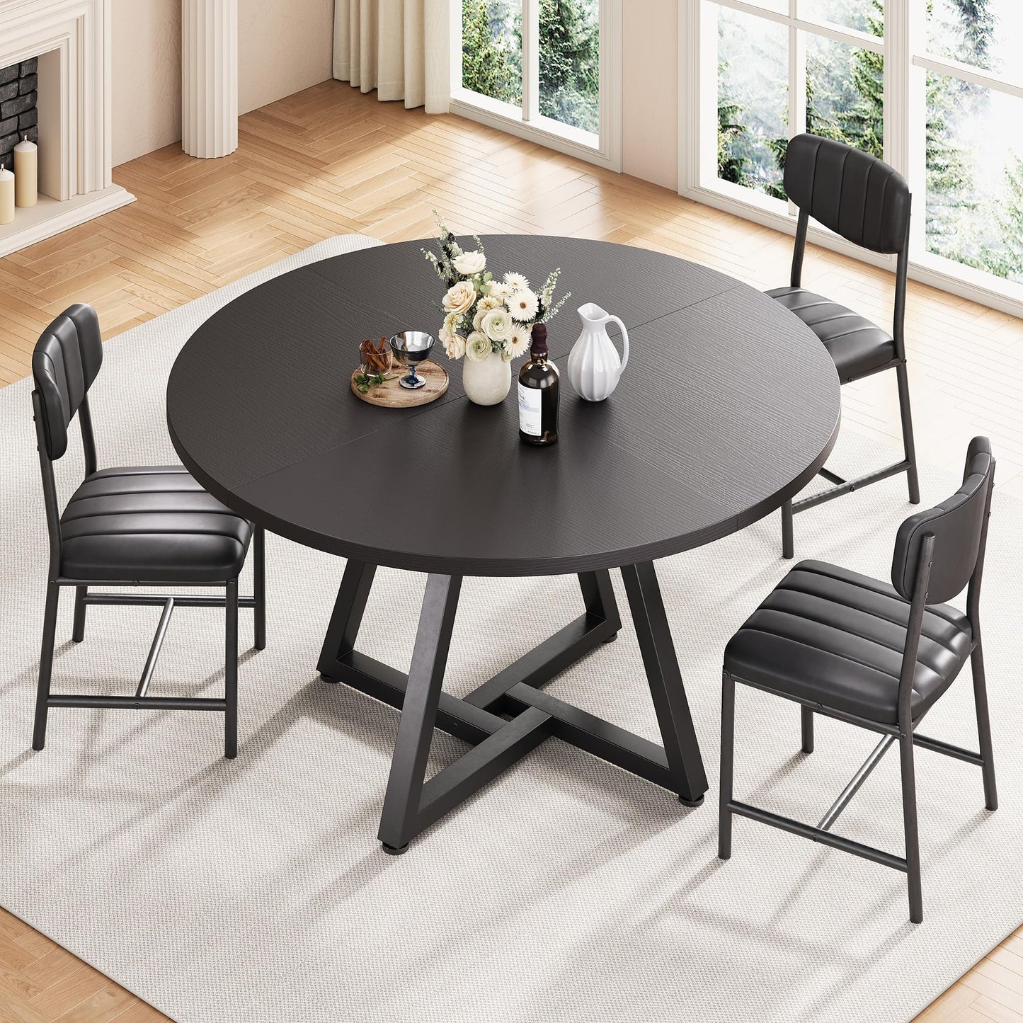 Jocoevol Round Kitchen Dining Table for 2 People, Circle Dinner Table with Metal Frame, Space Saving Wood Industrial Furniture (Black, 31 inch