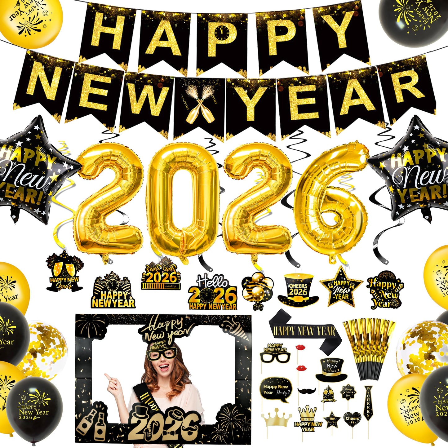 Abitoncc New Year Decorations 2026, Gold Foil Balloons 2026, Hanging Swirls, Balloons for Happy New Years' Eve Decorations 2026 for Indoor Bar