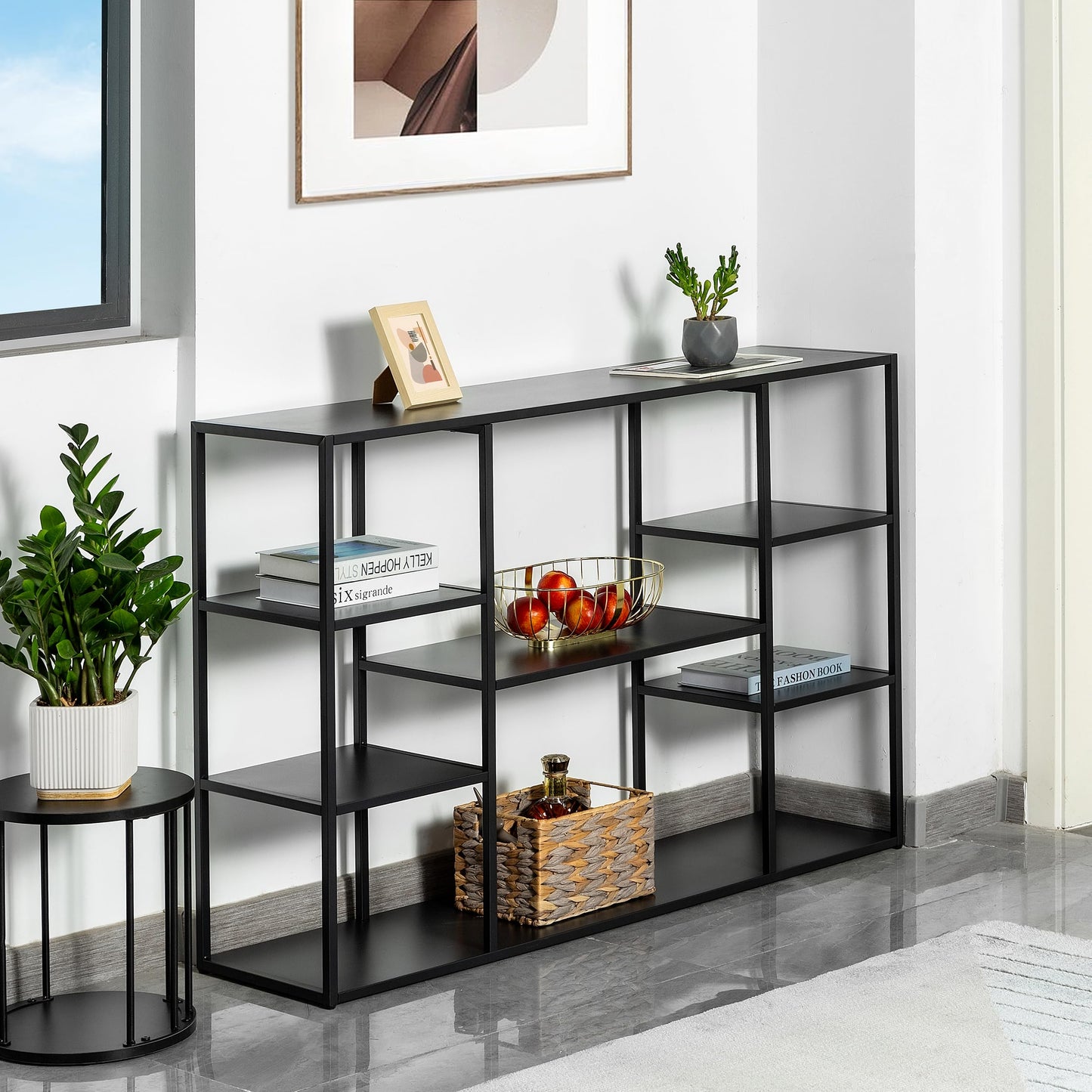 HDANI 120cm Long Sofa Console Table,Narrow Modern Entryway Table Behind Couch with Storage Shelves,4 tier Shelf Bookshelf for Living