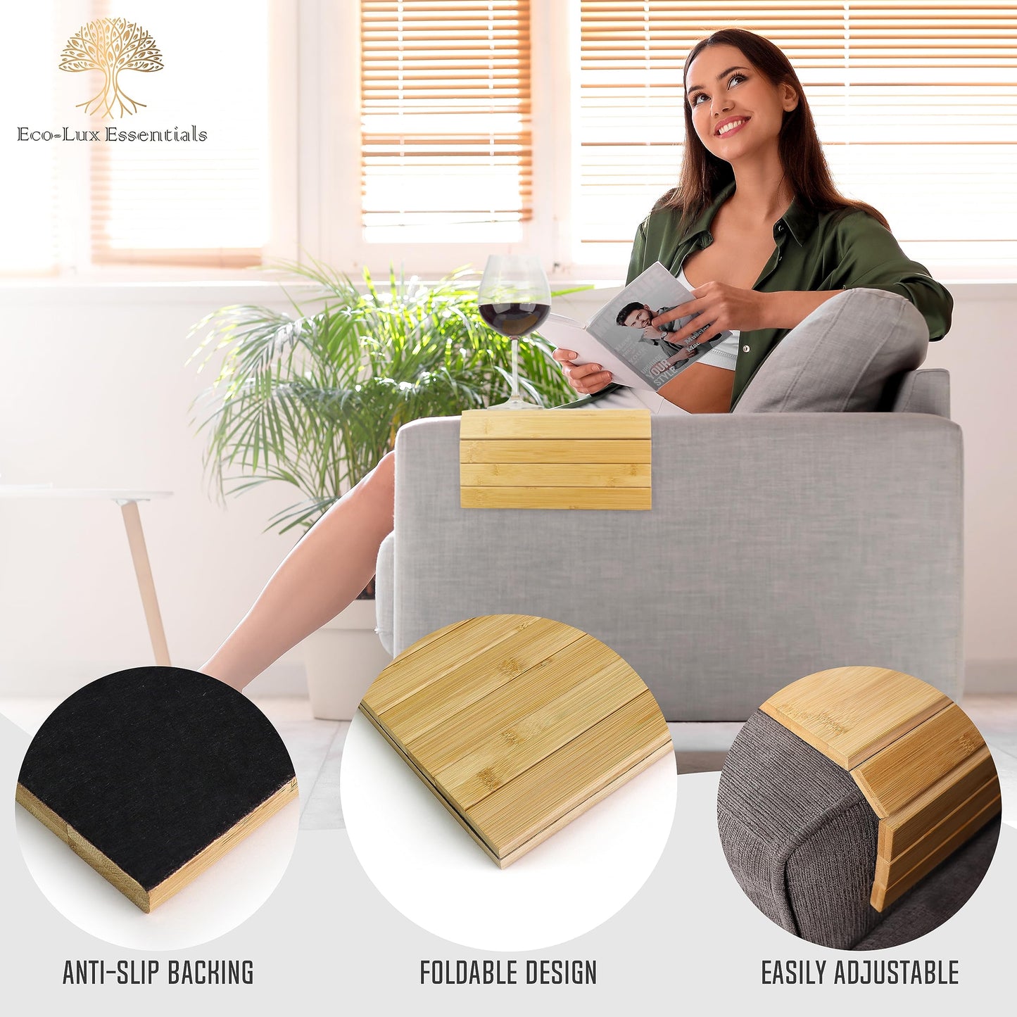 Bamboo Sofa Arm Tray Foldable Wooden Armrest Couch Organiser for Drinks, Bowl, Snack, Magazine, Remote