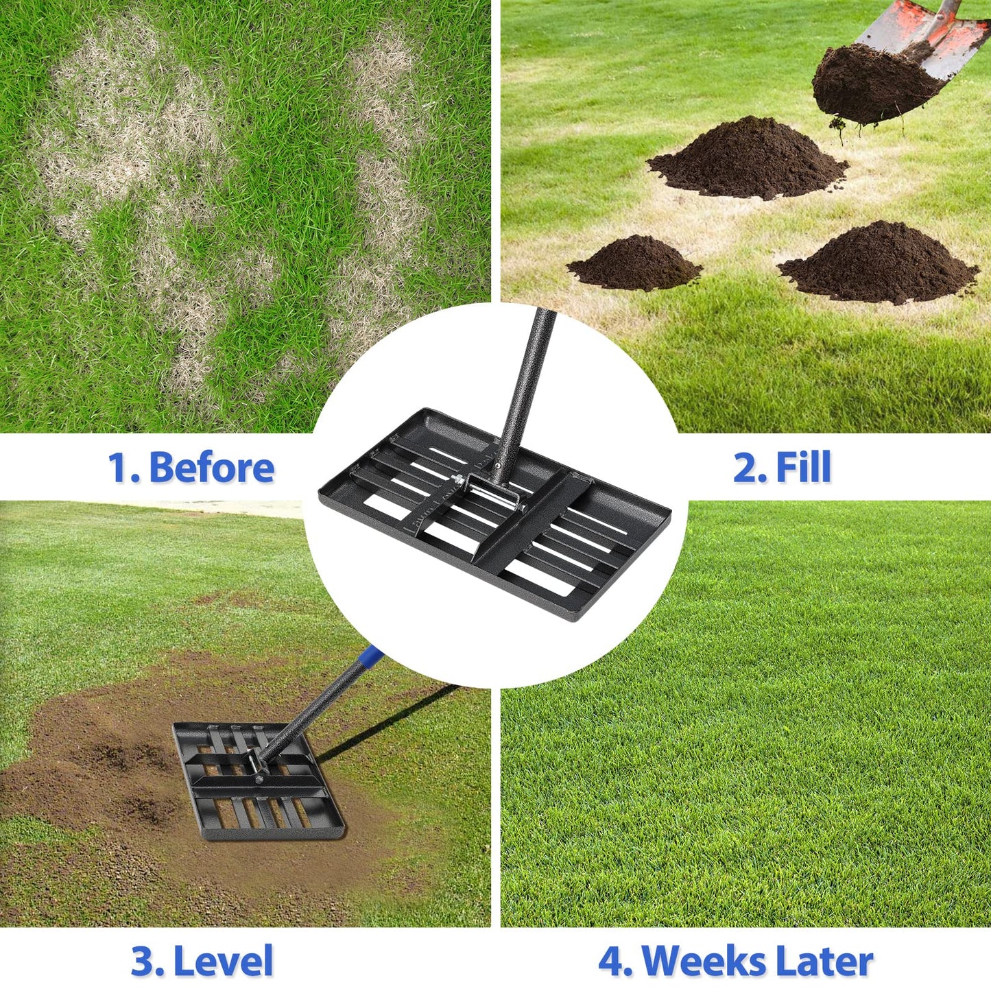 Lawn Leveling Rake, 43 x 25 cm Levelawn Tool with Effort Saving Curved Edge, 6 FT Metal Lawn Leveler Heavy Duty, Move Soil Ground Surfaces Freely,