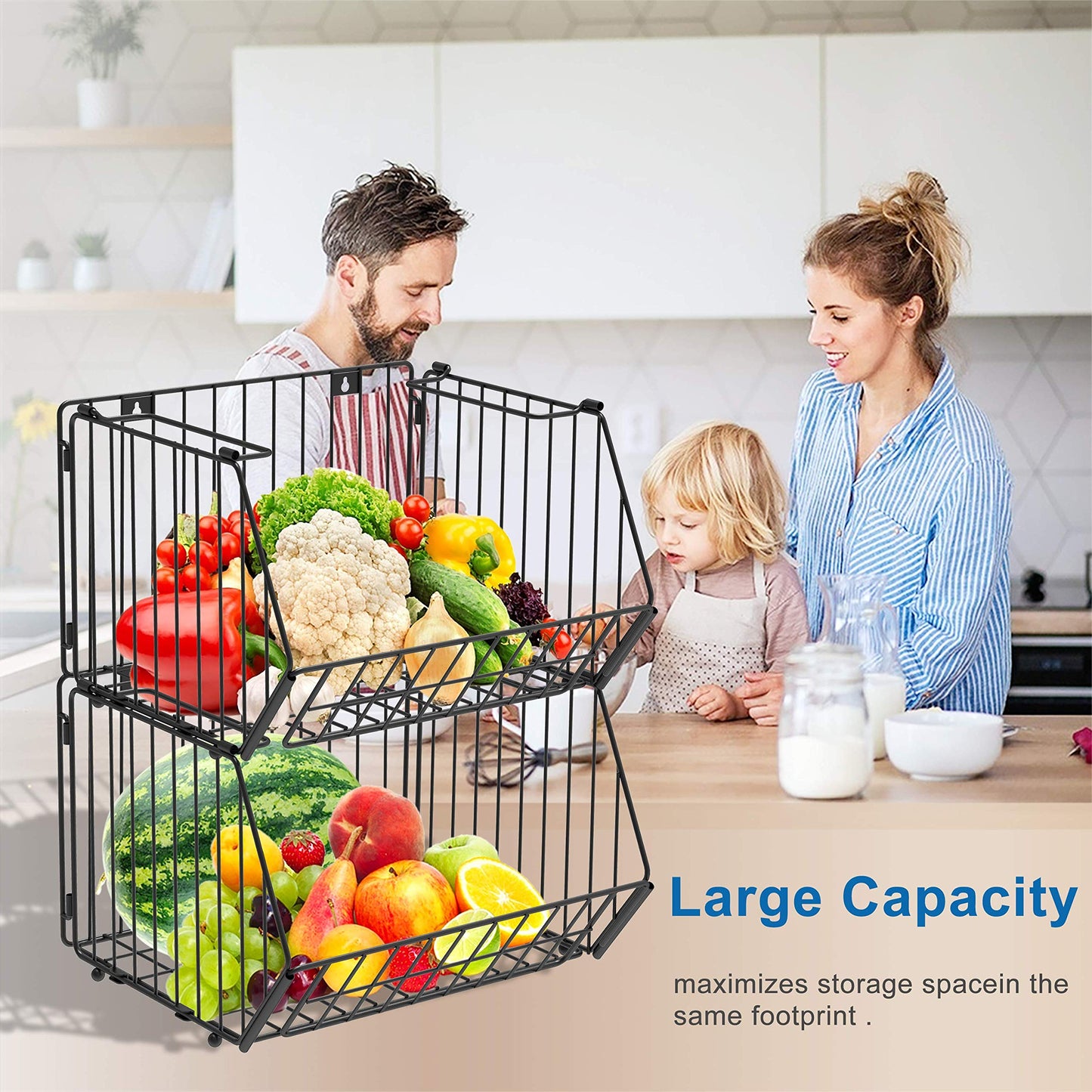 Stackable Metal Wire Storage Basket, Large Organizer Storage Baskets, Multipurpose Organizer Bins for Organizing Kitchen, Pantry, Freezer