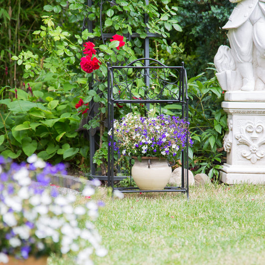 Relaxdays Metal Flower Stand with 2 Tiers, for Potted Plants, Balcony Decor, Outdoor, Freestanding, 64.5 x 33.5 x 18cm, Black