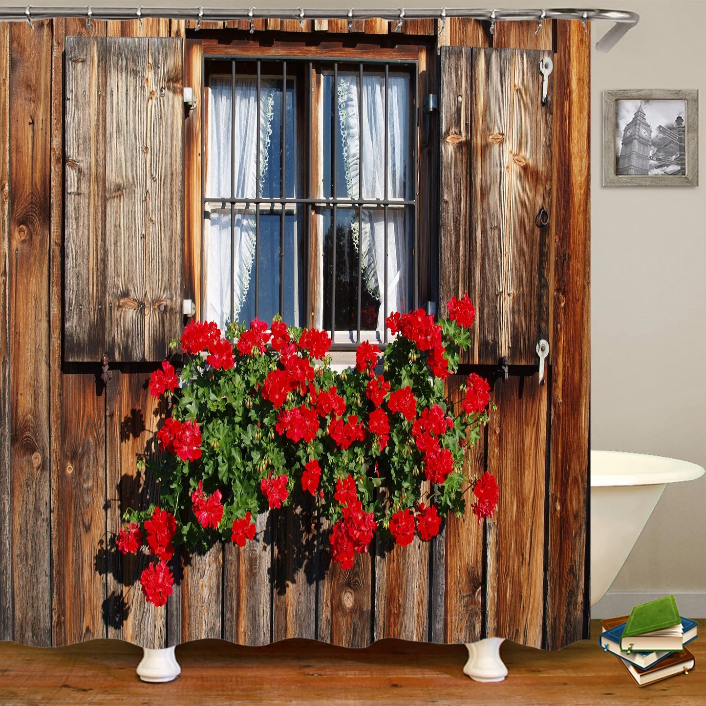 JIANGLANY Retro Shower Curtain with Window Scene, Mediterranean Style Wooden Cottage with Open Window, Window View Shower Curtain for Bathroom,