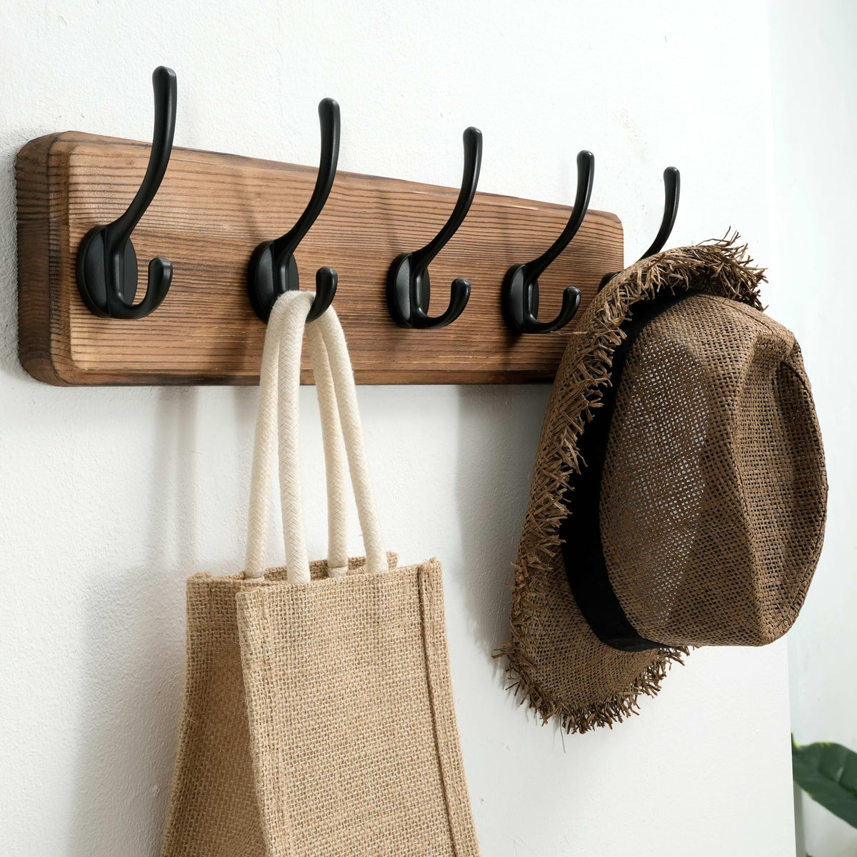 SKOLOO Farmhouse Style Wall Mounted Coat Rack, Pine Solid Wood Coat Hook Hanger - 5 Hooks for Hanging Clothes Robes Towels Coats