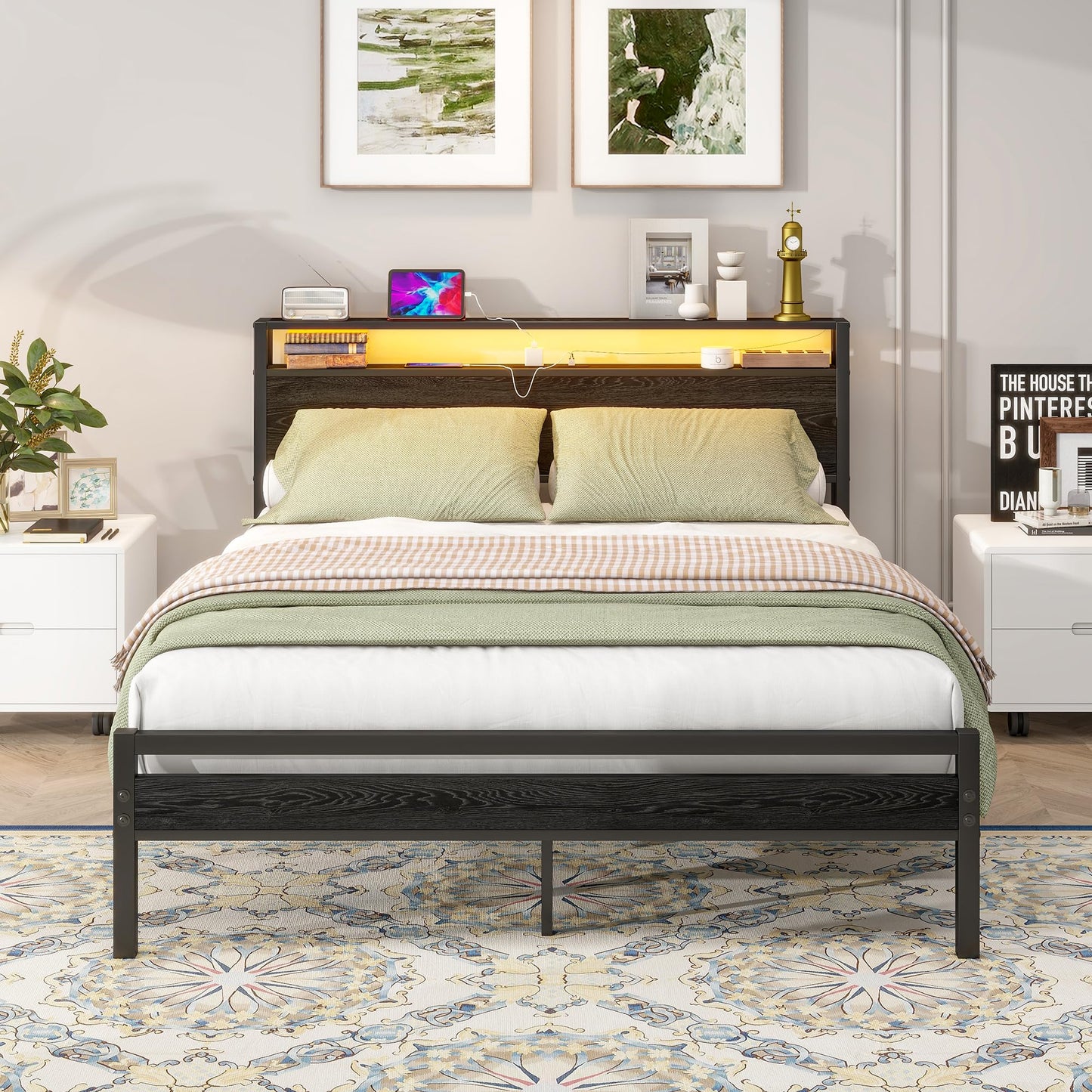 BORPHOM King Size Bed Frame with Storage Wood Headboard Shelf,LED Lights,5ft Metal Platform Bed Frame Kingsize Bed Base with Charging Station,Mattress