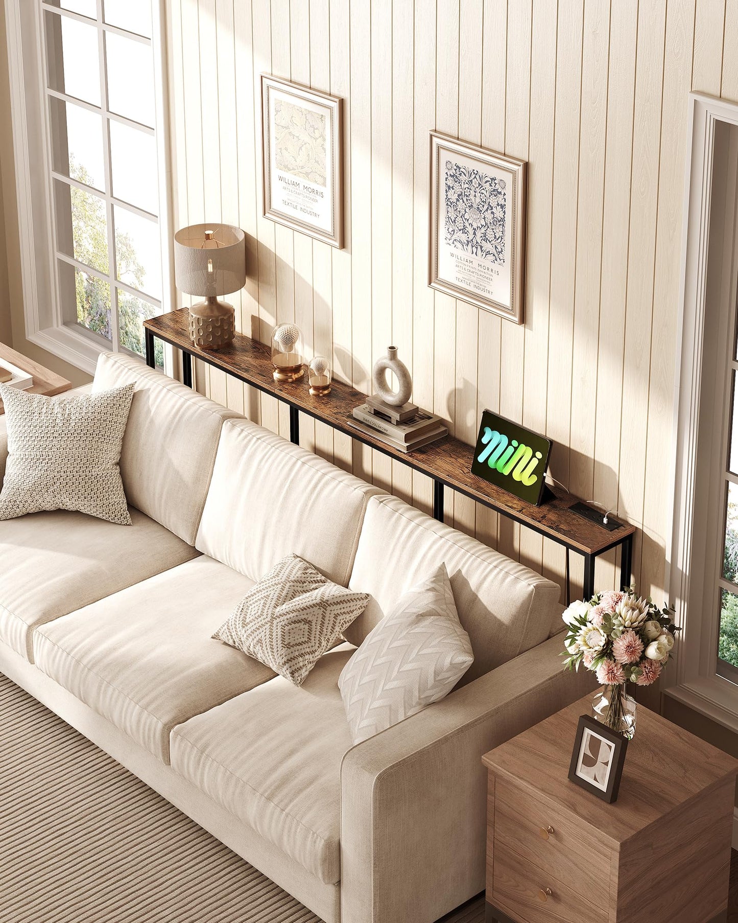 CHOEZON 200 cm Narrow Console Table with Power Outlet, 18 cm Skinny Sofa Table, Long Behind Couch Table with Charging Station, for Entryway, Hallway