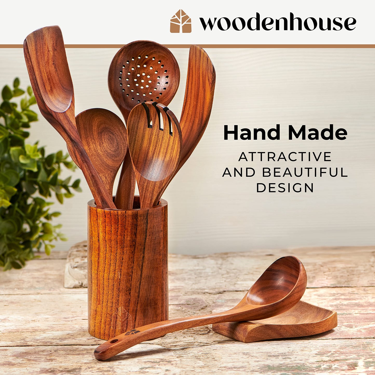 Wooden Spoons for Cooking Wooden Utensils for Cooking Set with Holder, Spoon Rest & Hanging Hooks, Teak Wood Nonstick Kitchen Cookware Durable Set