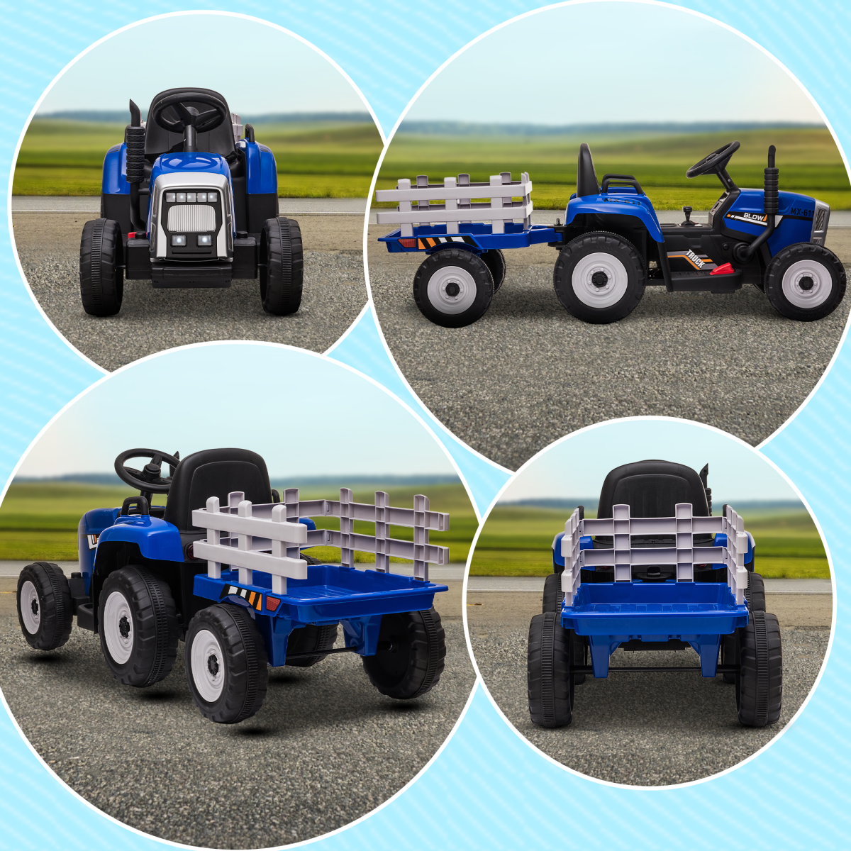 HOMCOM Ride on Tractor with Detachable Trailer, Remote Control, Music - Blue