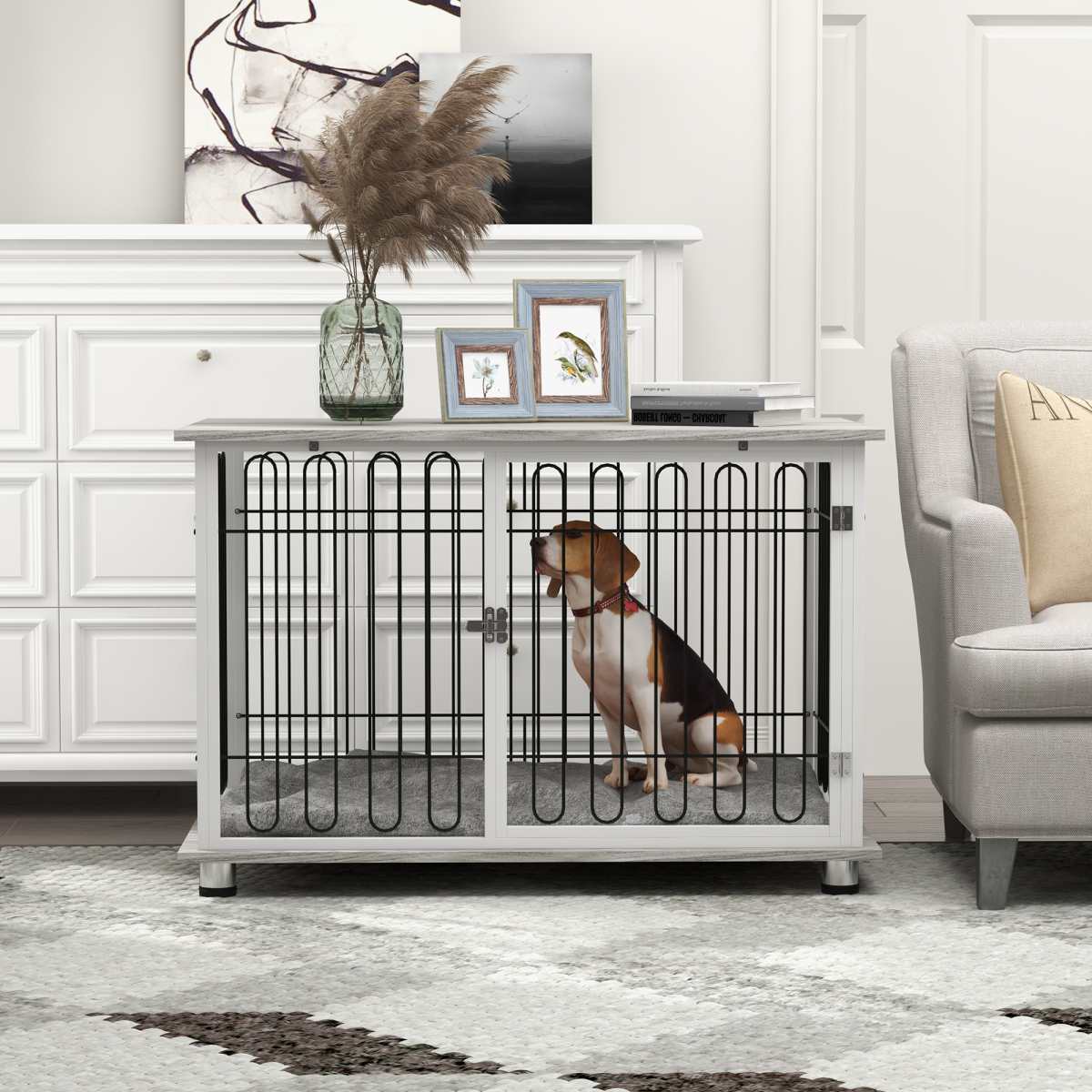 PawHut Dog Crate Furniture End Table with Soft Washable Cushion, Lockable Door