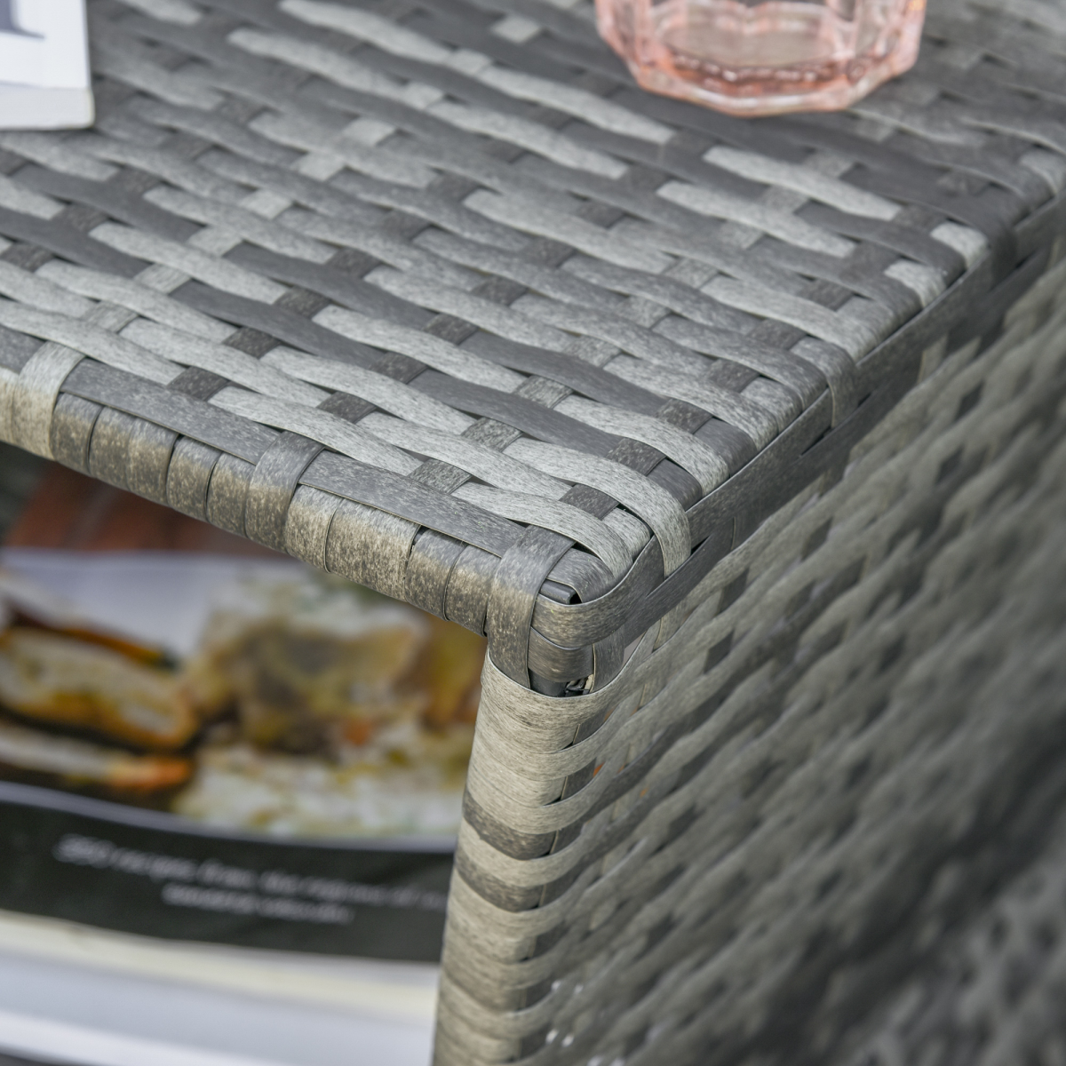 Outsunny Rattan Wicker Tea Coffee Table w/ Umbrella Hole and Storage Space Grey