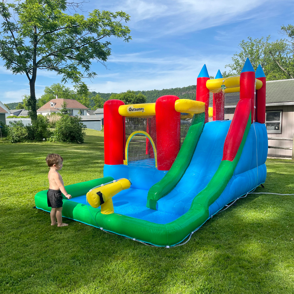 Kids Bouncy Castle w/ Slide Water Pool Climbing Wall & Trampoline