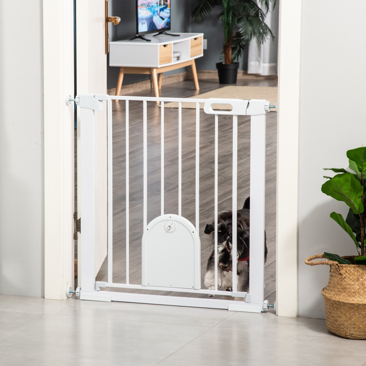 75-103 cm Pet Safety Gate Pressure Fit Stair w/ Small Door Double Locking