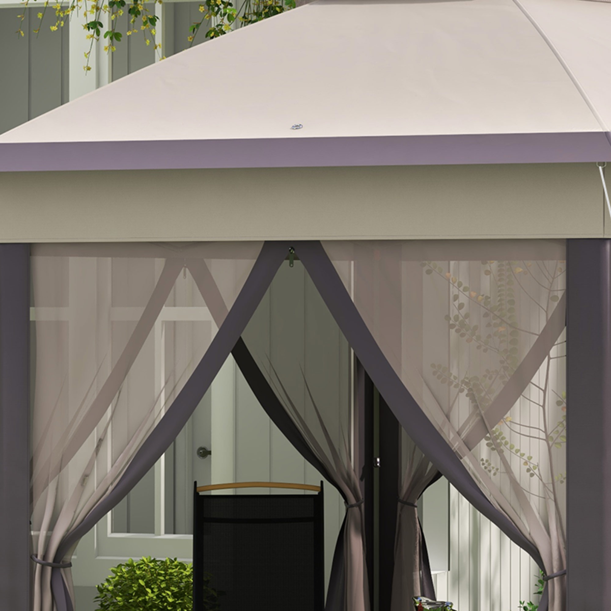 4.05m x 4.05m Metal Frame Mesh Draped 2-Tier Roof Gazebo Brown