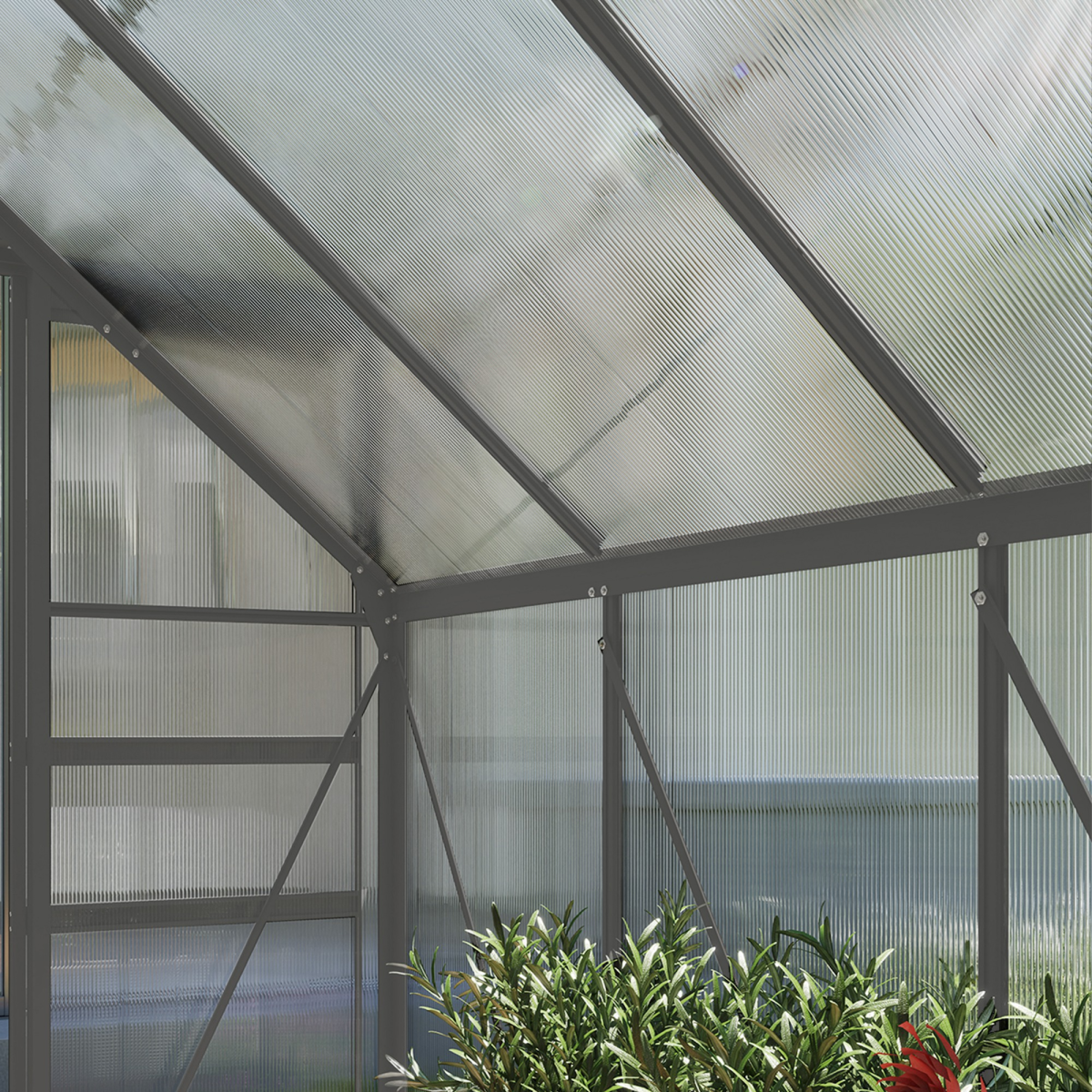 Outsunny Polycarbonate Walk-in Garden Greenhouse w/ Sliding Door Dark Grey