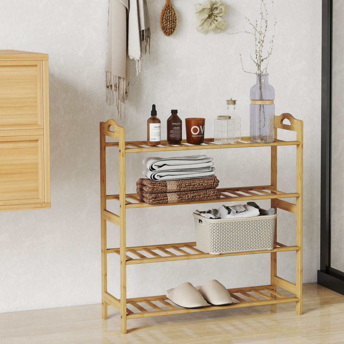 HOMCOM 4-Tier Shoe Rack, Bamboo Shoe Shelf Stand, Natural Wood Finish