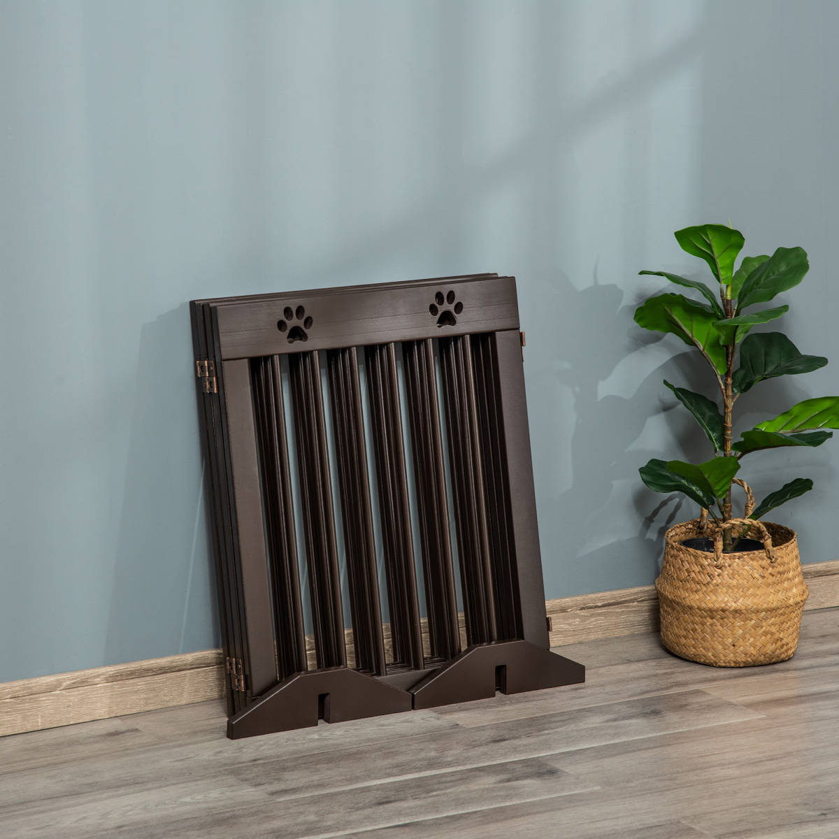 Freestanding Pet Gate 4 Panel Folding Wooden Dog Barrier w/ Support Feet