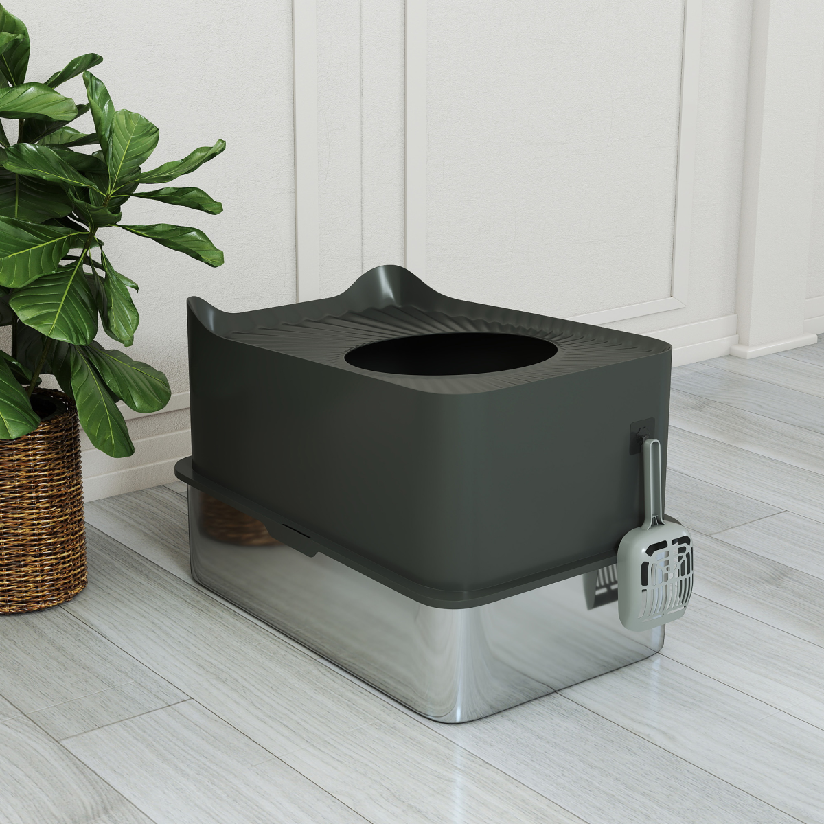 PawHut Stainless Steel Cat Litter Box, Enclosed Metal Litter Tray, Dark Grey