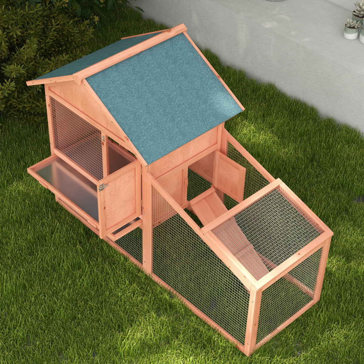 2 Tier Wood Rabbit Hutch Water Resistant Asphalt Roof Ramp 144 x 64.5 x 100 cm