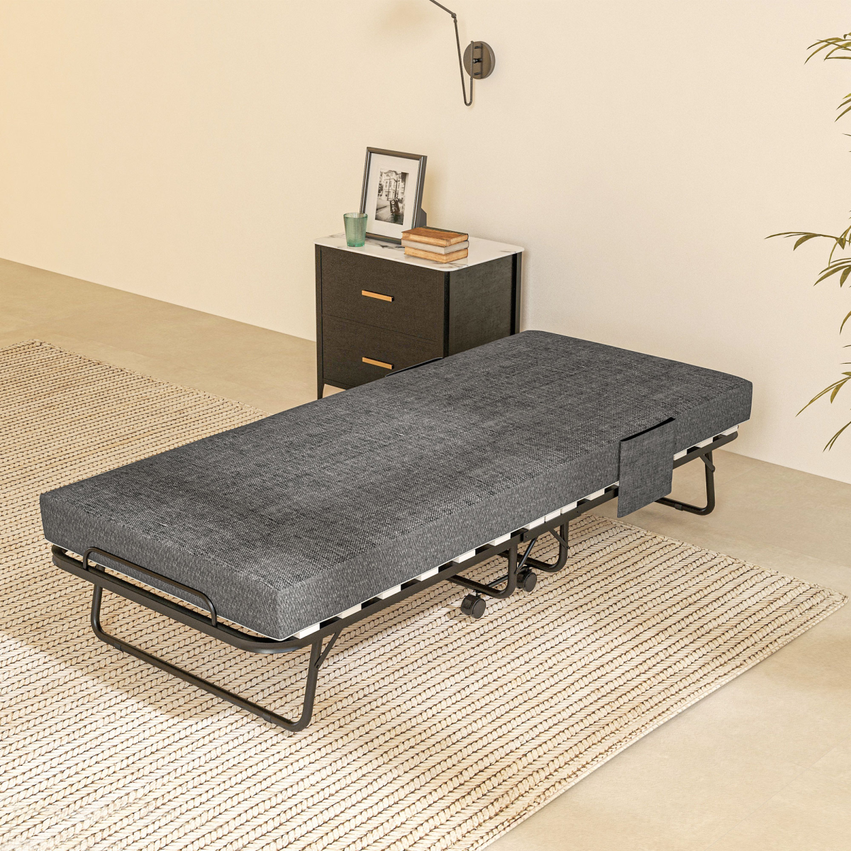 HOMCOM Folding Bed with Mattress Foldable Guest Bed on Wheels w/ Cover Dark Grey