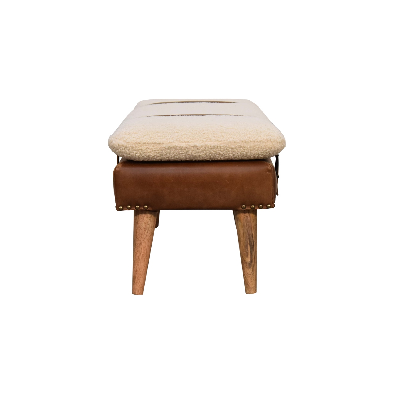 Artisan Furniture Bouclé Buffalo Hide Leather Bench, Upholstered, Brown & Cream