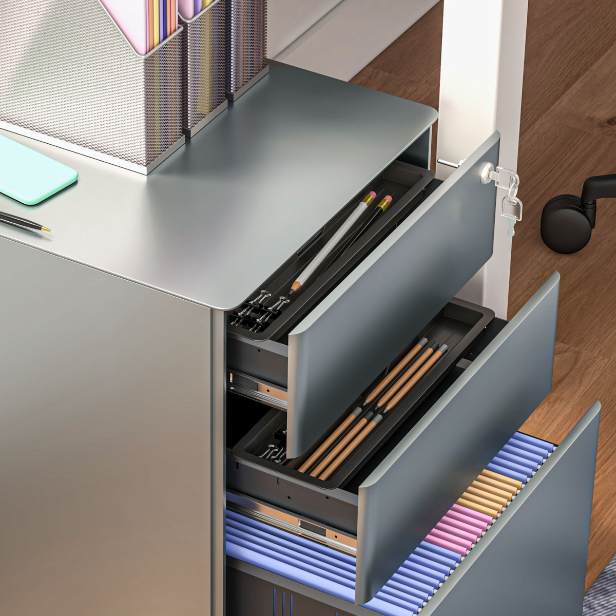 Vinsetto 3 Drawer Metal Filing Cabinet Lockable 5 Wheels Compact Under Desk Grey