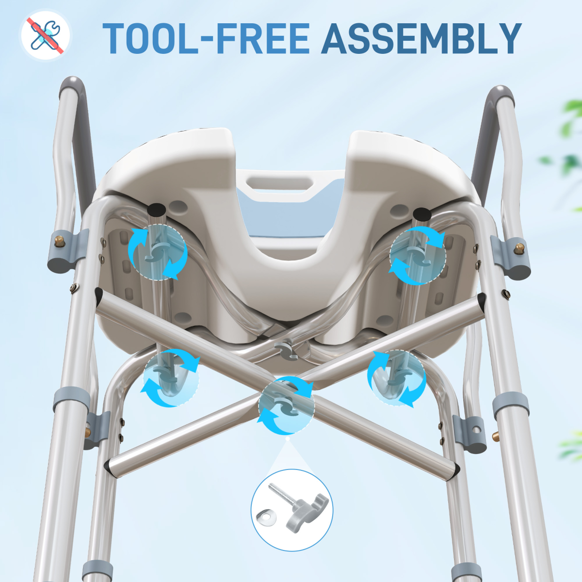 HOMCOM Padded Bath Chair with Slotted Seat and Adjustable Height, Light Blue