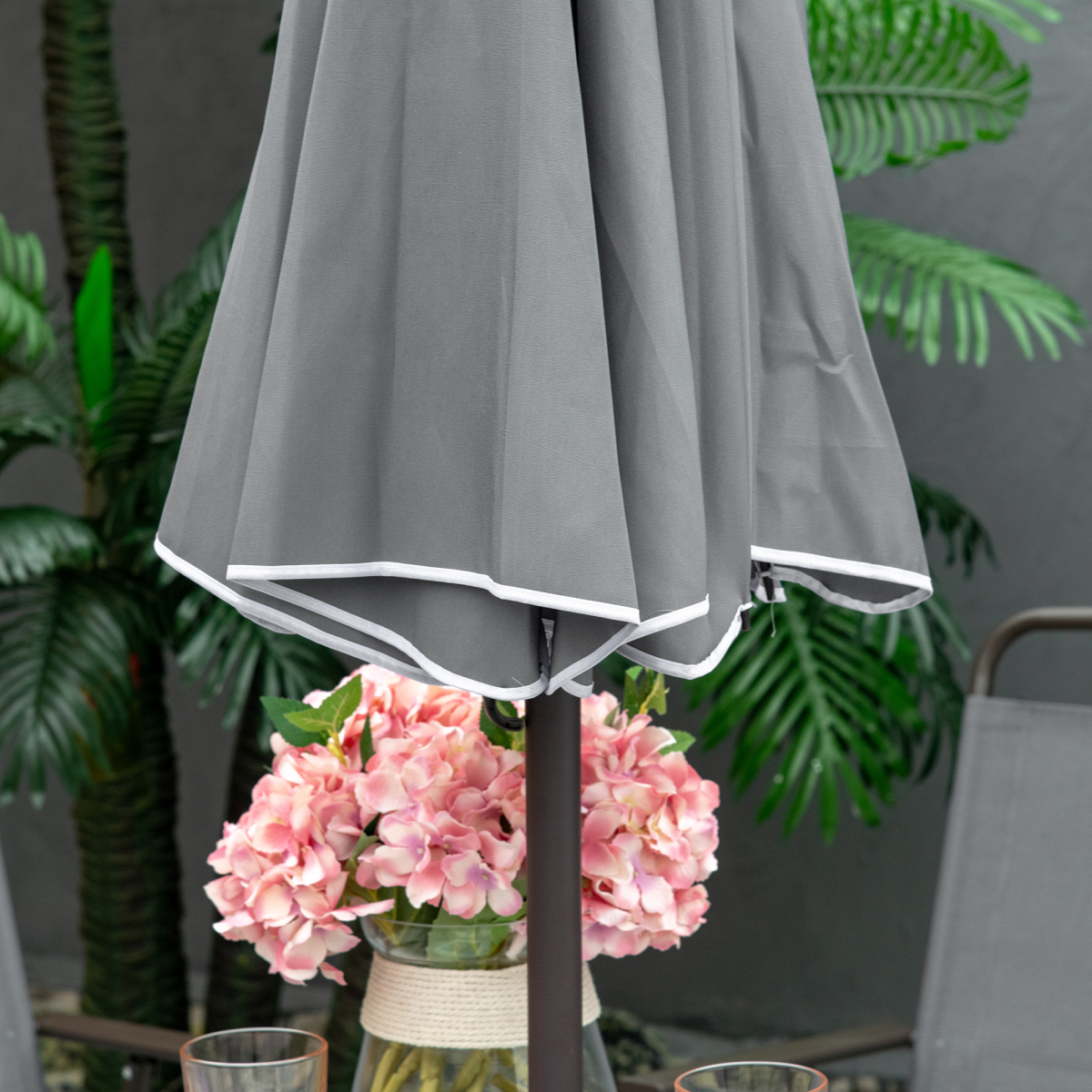 6Pc Patio Dining Set with Umbrella, 4 Folding Chairs Glass Table