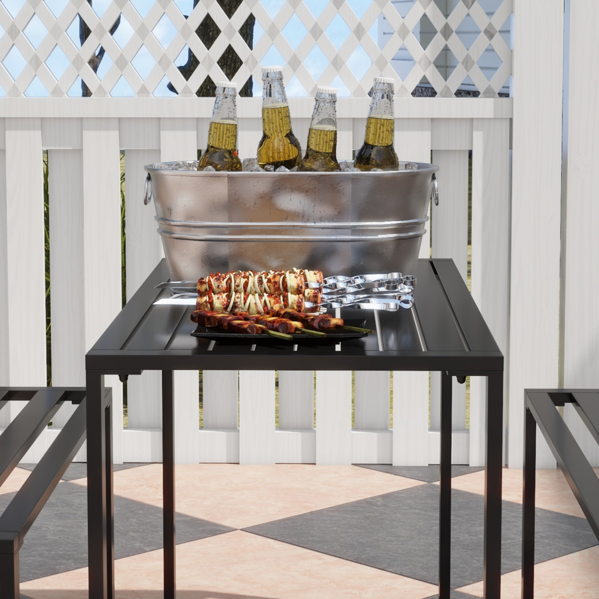 Outsunny 3 Pcs Metal Table W/Bench Set-Black