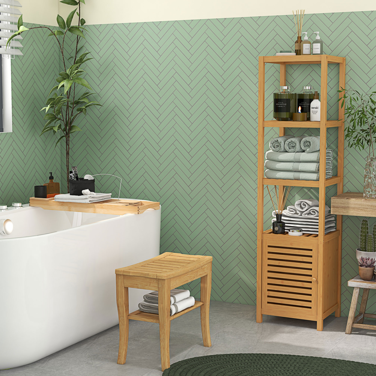 2-Tier Slatted Shower Bench Storage Seat Stool w/ Shelf Safe Comfortable Bath