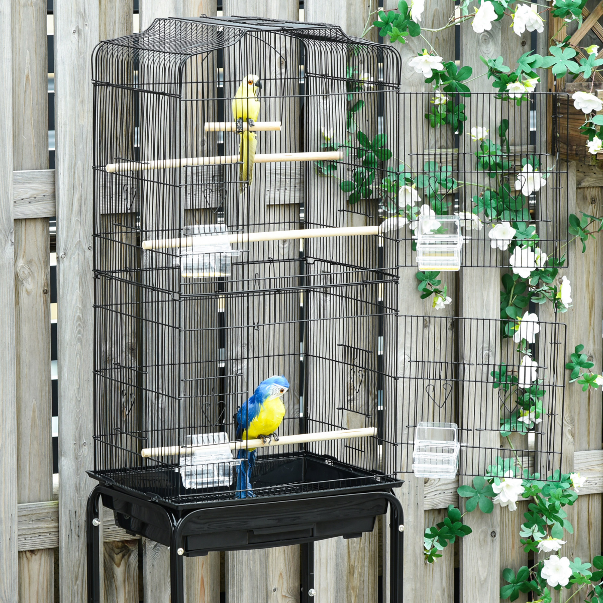 Bird Cage Metal Budgie Cages W/ Rolling Stand Slide-out Tray Storage Shelf Black