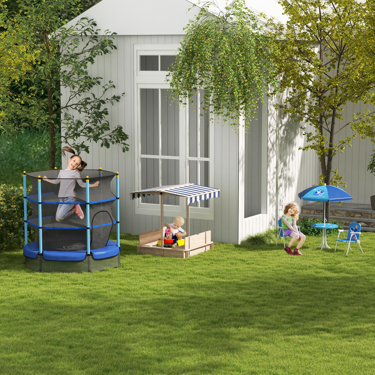 Kids Square Wooden Sandpit Children Cabana Sandbox Outdoor Playset
