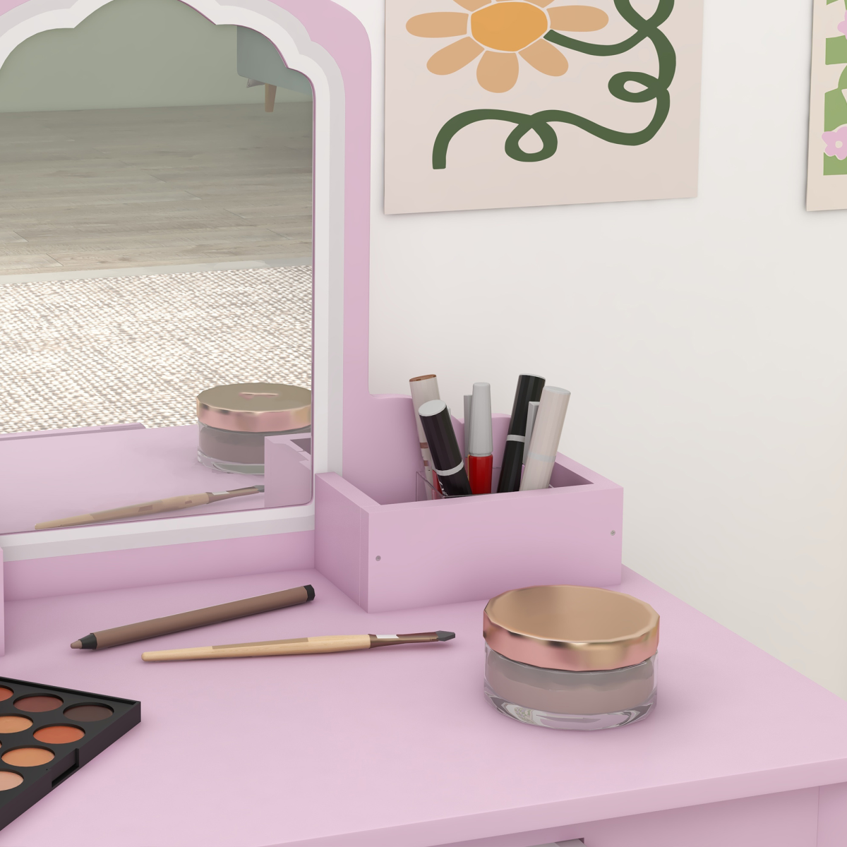 ZONEKIZ Kids Dressing Table Cloud Design with Mirror Stool Drawer Storage Boxes